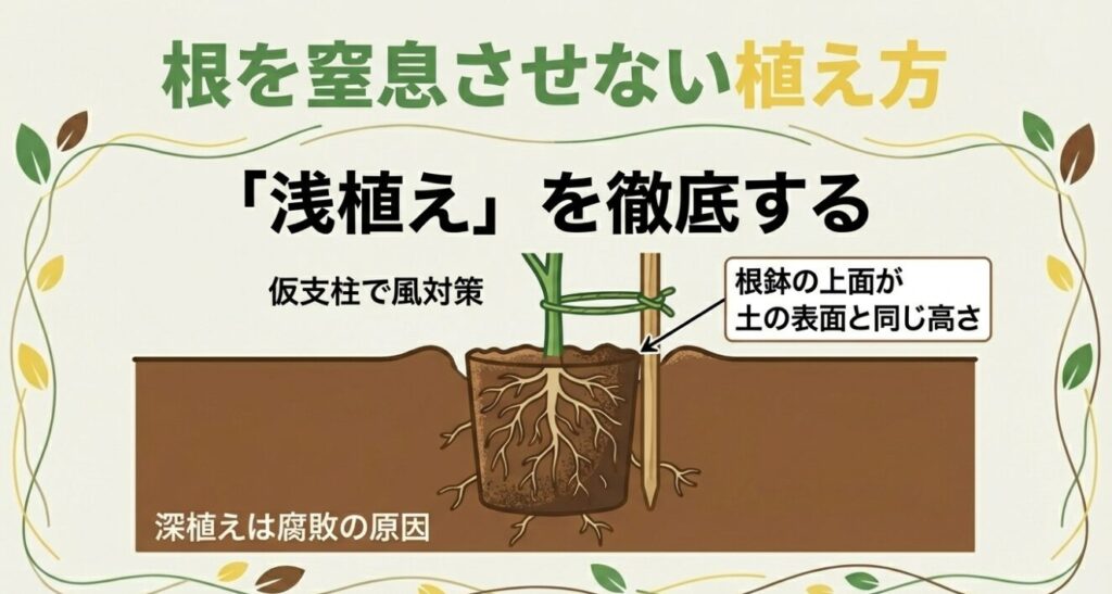 ピーマンの苗を植える際の正しい深さを示すイラスト。根鉢の上面を土の表面と同じ高さにする浅植えで根の窒息を防ぐ。