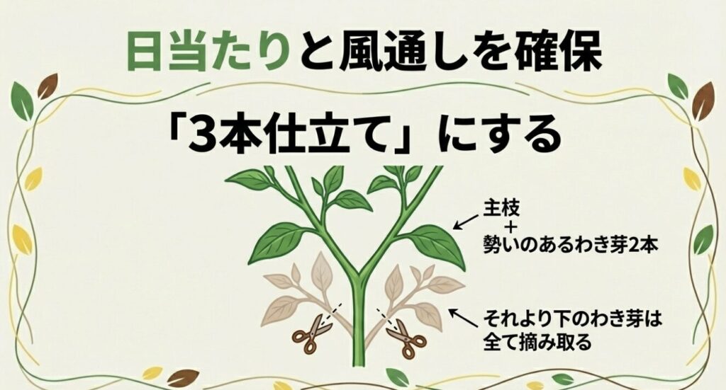 ピーマンの3本仕立てのやり方を示す図解。主枝と勢いのあるわき芽2本を残し、それ以下のわき芽を摘み取る方法。