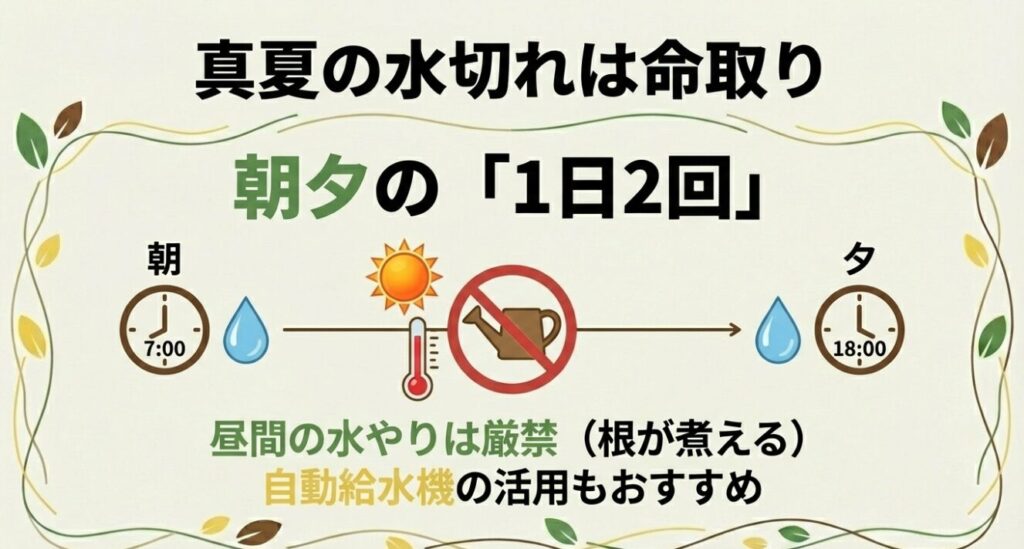ピーマンの水やりスケジュール。朝7時と夕方18時の1日2回行い、昼間の高温時の水やりは避けることを示すイラスト。