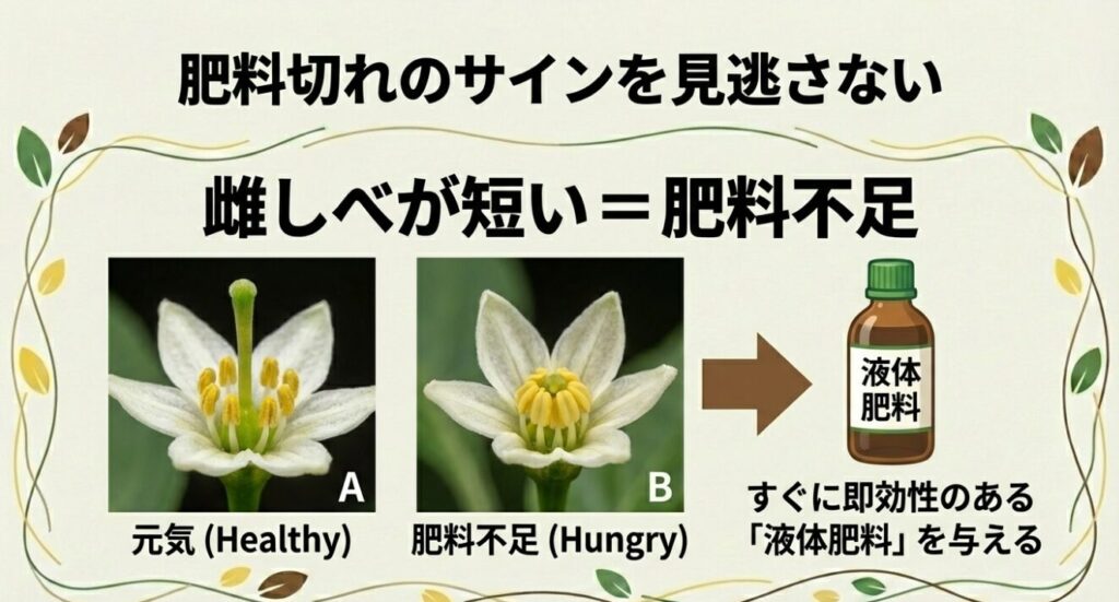 ピーマンの健康な花(長花柱花)と肥料不足の花(短花柱花)の比較写真。雌しべの長さで追肥のタイミングを判断する。