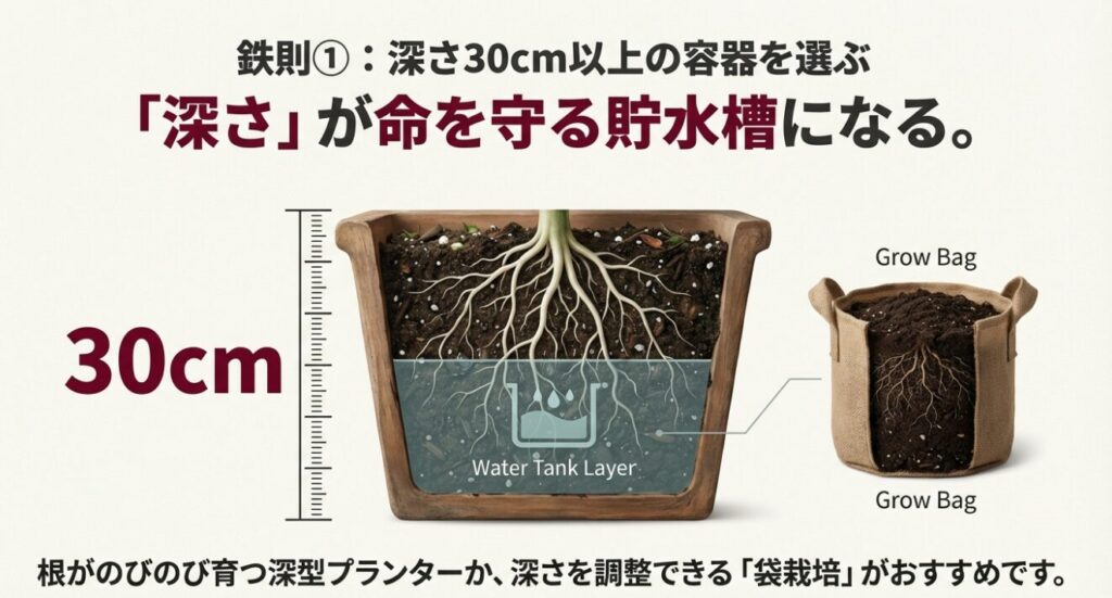 みょうがの根が伸びるための深さと保水層(ウォータータンク)の仕組み図解