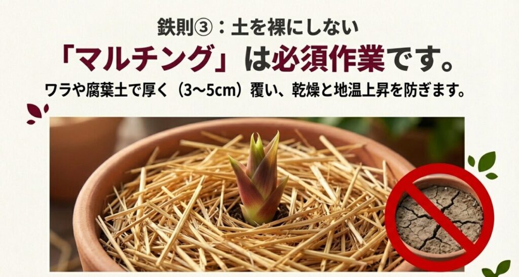 半日陰での管理と、夏場は朝夕2回たっぷりと水やりをするポイント