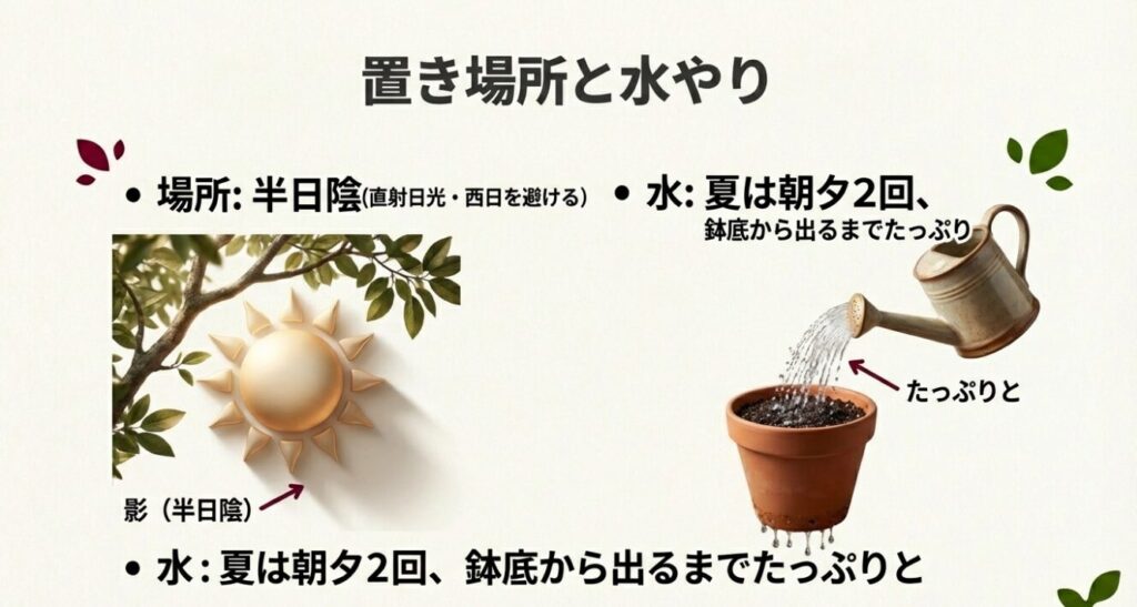 半日陰での管理と、夏場は朝夕2回たっぷりと水やりをするポイント
