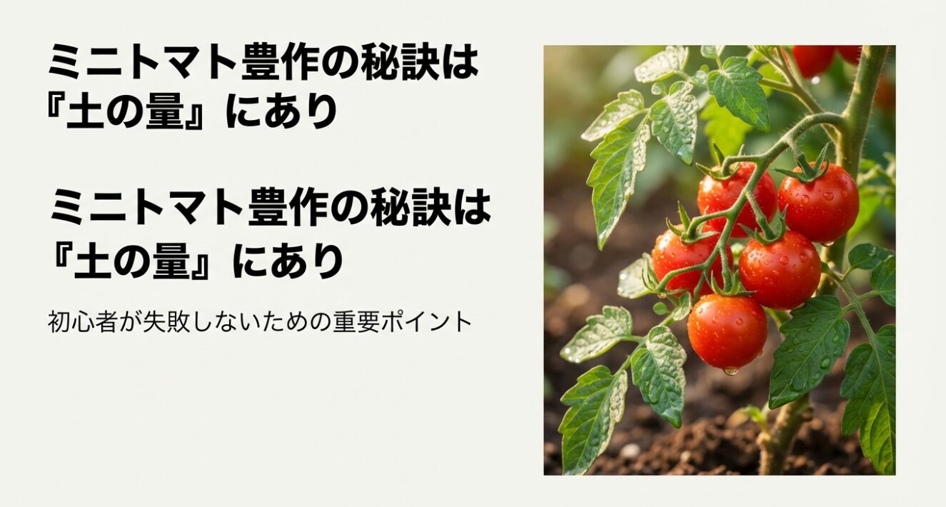 ミニトマト豊作の秘訣は『土の量』にあり、初心者が失敗しないための重要ポイントを示したタイトル画像 。