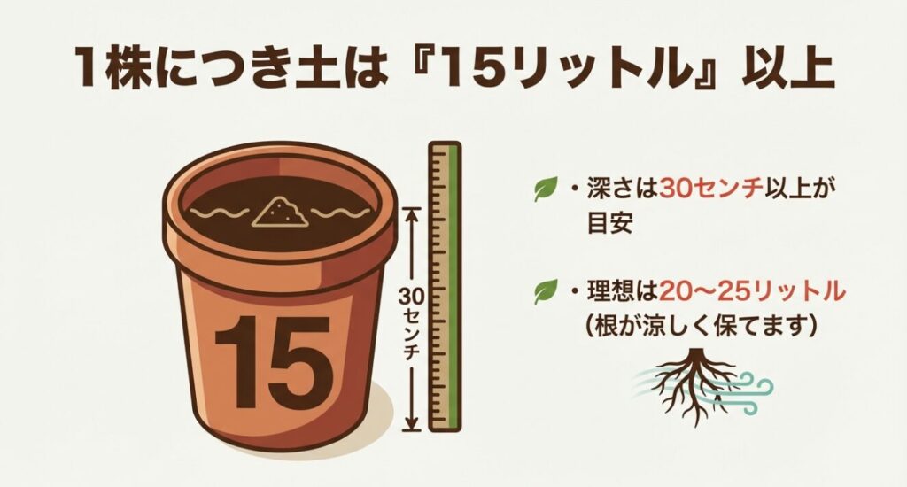 1株につき土は15リットル以上、深さは30センチ以上が目安であることを示すプランターのイラスト 。