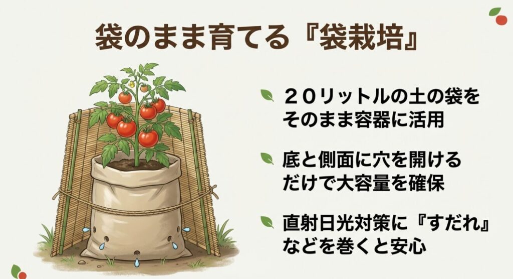 20リットルの土の袋をそのまま容器に活用し、直射日光対策にすだれを巻いた袋栽培のイラスト 。