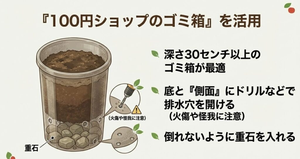 深さ30センチ以上のゴミ箱の底と側面に排水穴を開けた代用プランターの作り方 。
