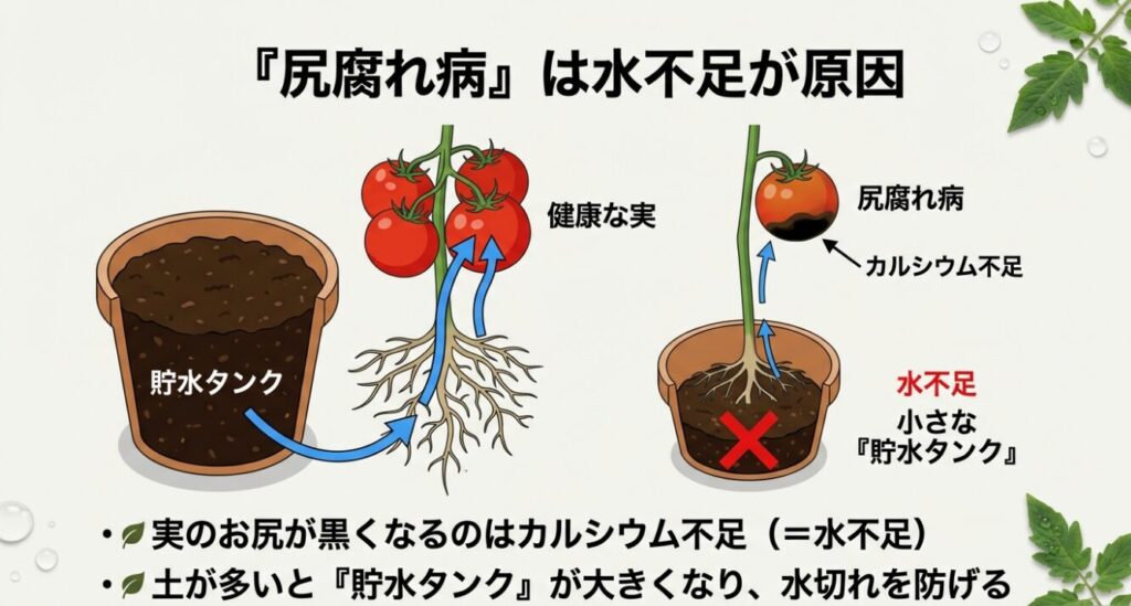 土が多いと貯水タンクが大きくなり水切れを防げるため、カルシウム不足による尻腐れ病を予防できるという図解 。