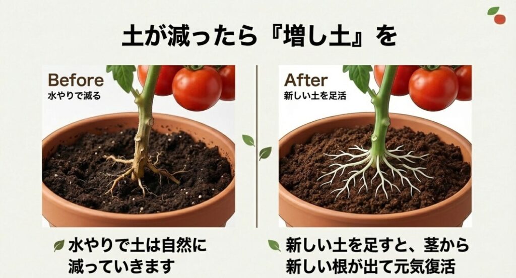 水やりで減った土に新しい土を足すと、茎から新しい根が出て元気が復活する様子を示すビフォーアフター 。