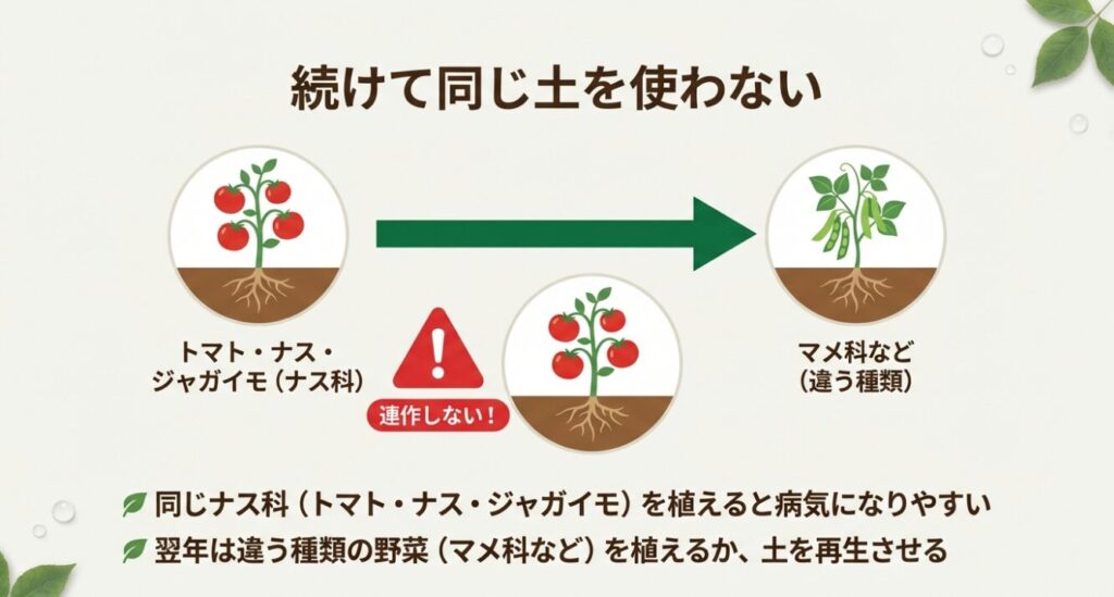 同じナス科を続けて植えると病気になりやすいため、翌年はマメ科など違う種類を植えるべきという解説 。