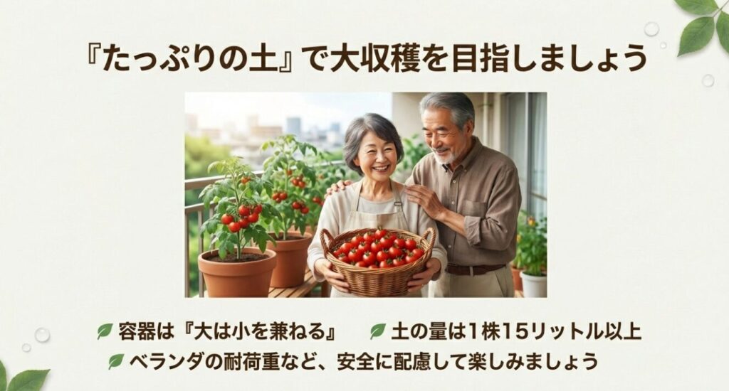 土の量は1株15リットル以上を使い、ベランダで大収穫を喜ぶシニア夫婦の画像 。