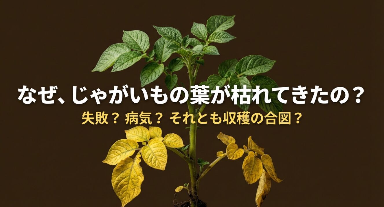 じゃがいもの葉が枯れる原因が失敗か、病気か、収穫の合図かを問うタイトル画像