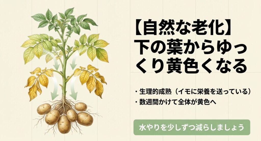 下の葉からゆっくり黄色くなるじゃがいもの自然な老化と生理的成熟を示すイラスト
