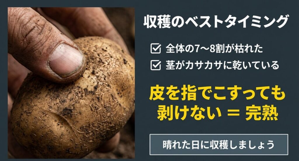 葉の7〜8割が枯れたタイミングで、じゃがいもの皮を指でこすっても剥けない完熟状態を確認する様子