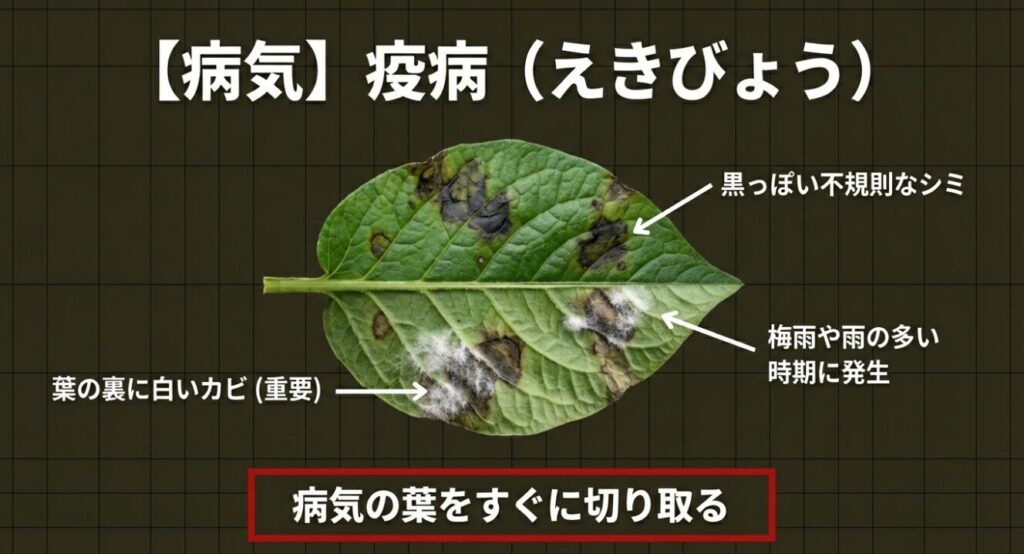 代替テキスト: 梅雨や雨の多い時期に発生しやすい疫病の特徴である、黒っぽい不規則なシミと葉の裏に生える白いカビ