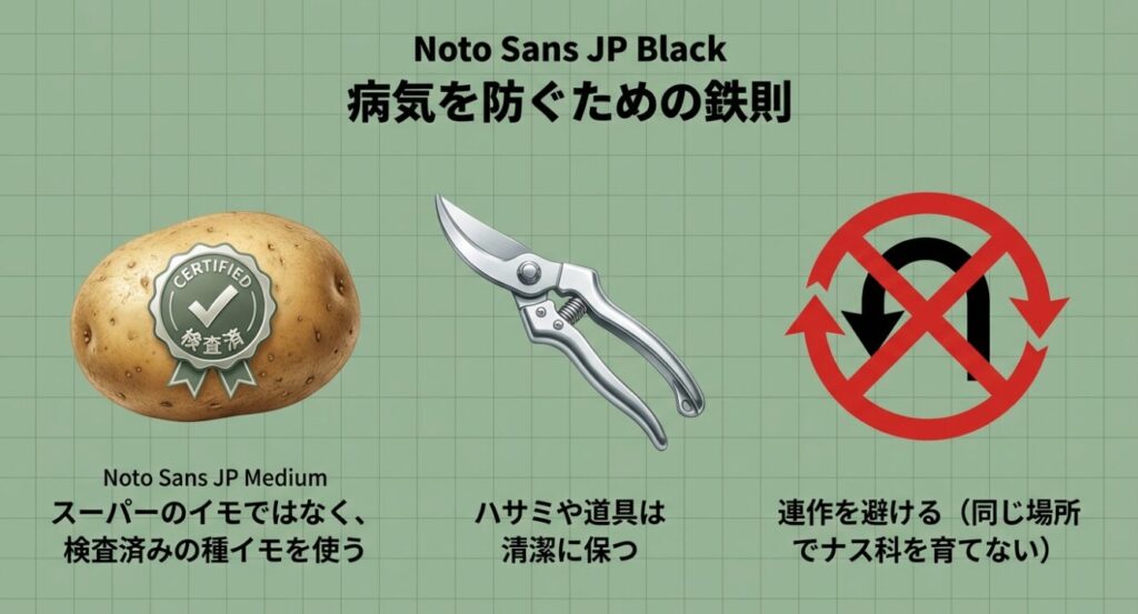 スーパーのイモではなく検査済みの種イモを使用すること、ハサミなどの道具を清潔に保つこと、同じ場所でのナス科の連作を避けるという病気を防ぐ3つの鉄則