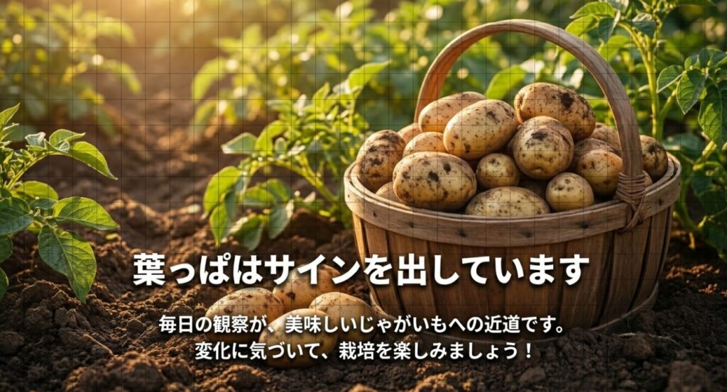 葉っぱからのサインを見逃さず、毎日の観察が美味しいじゃがいもへの近道であることを伝えるメッセージ