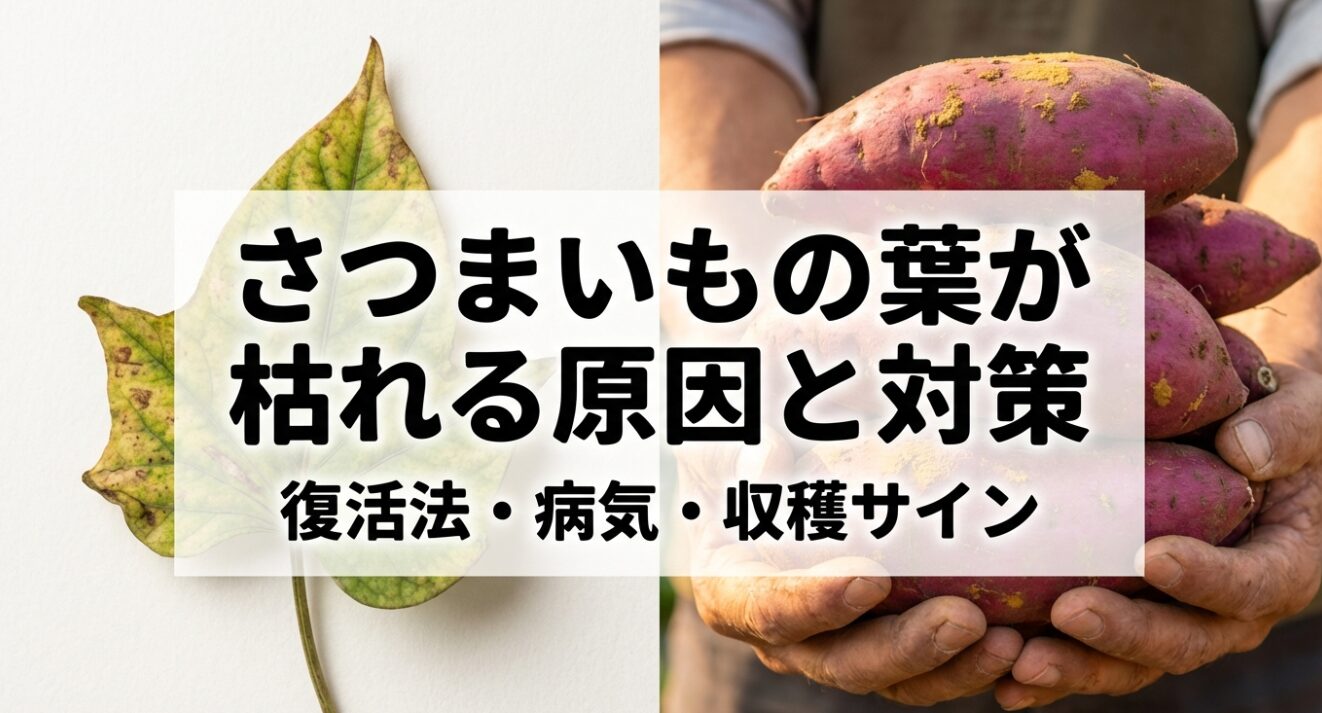 さつまいもの葉が枯れる原因と対策、復活法、病気、収穫サインを解説するタイトルスライド