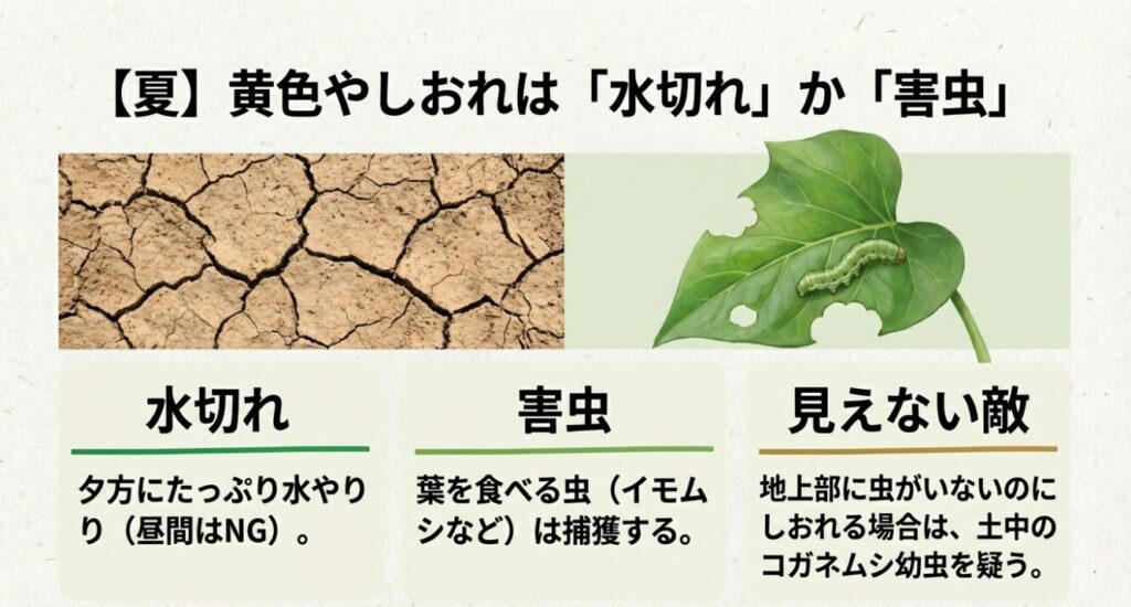 夏場にさつまいもの葉が黄色くなったりしおれたりする水切れと害虫のサイン