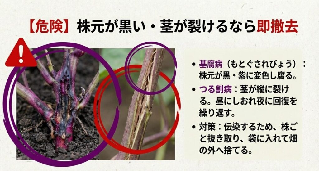 即撤去が必要な、株元が黒くなる基腐病や茎が裂けるつる割病の危険なサイン