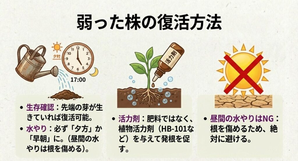 弱ったさつまいもの株を復活させるための夕方の水やりと植物活力剤の使い方