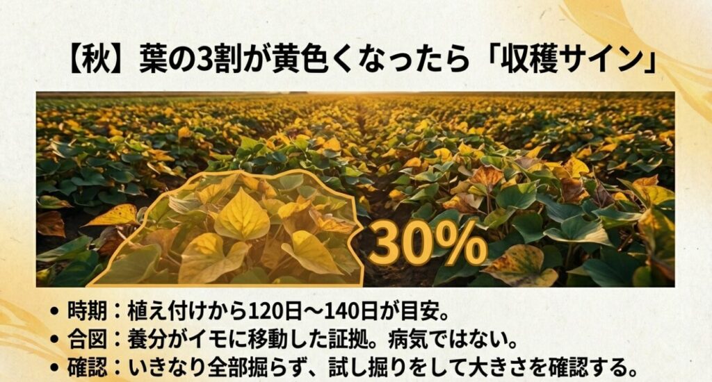 秋になりさつまいもの葉の3割が黄色くなった時の適切な収穫サイン