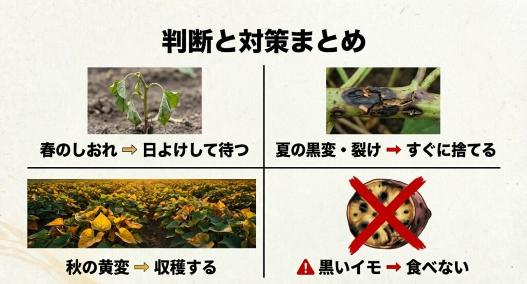 春、夏、秋の時期ごとのさつまいもの葉が枯れる原因の判断と対策まとめ