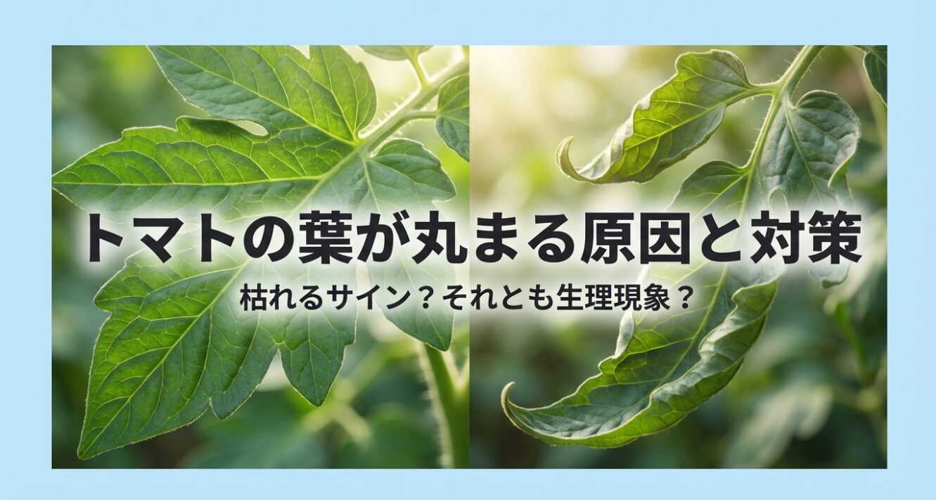 トマトの葉が丸まる原因と対策、枯れるサインか生理現象かを解説するタイトルスライド