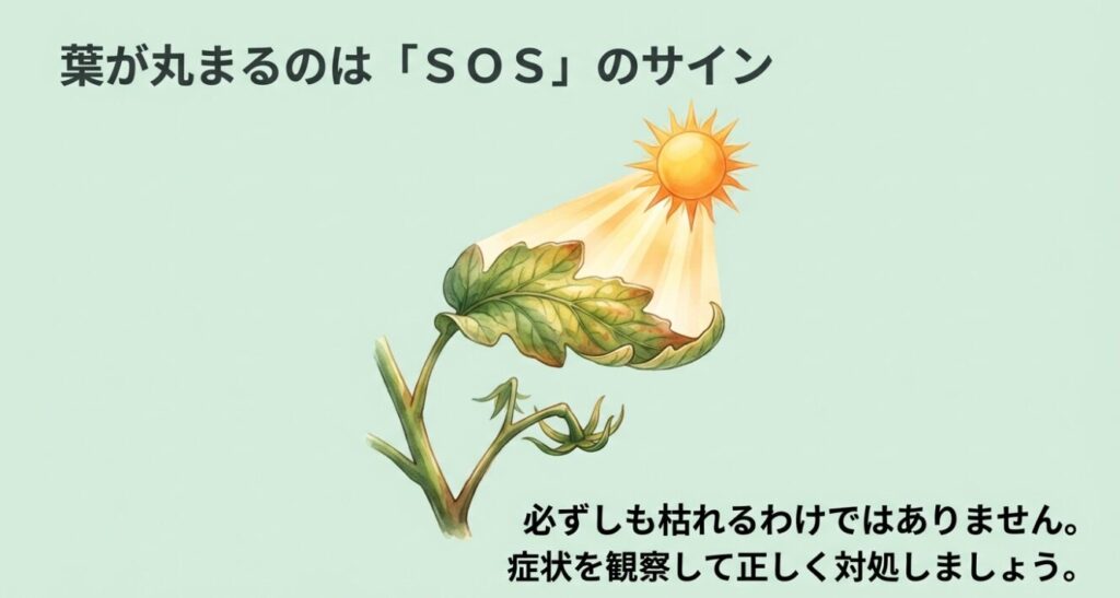葉が丸まるのはトマトからのSOSのサインであり、必ずしも枯れるわけではないことを示すイラスト