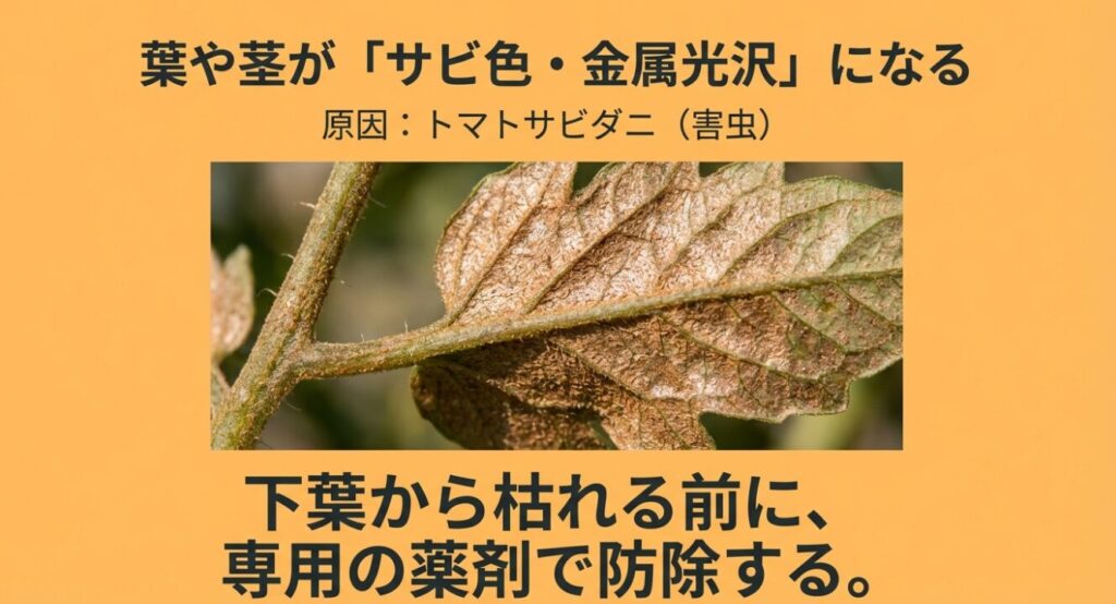 トマトサビダニが原因で葉や茎がサビ色や金属光沢になる症状と、下葉から枯れる前に専用薬剤で防除する対策