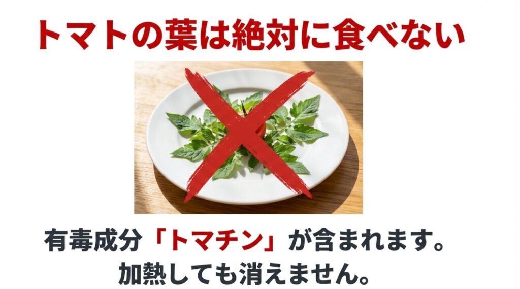有毒成分トマチンが含まれており加熱しても消えないため、トマトの葉は絶対に食べないことを示す注意喚起