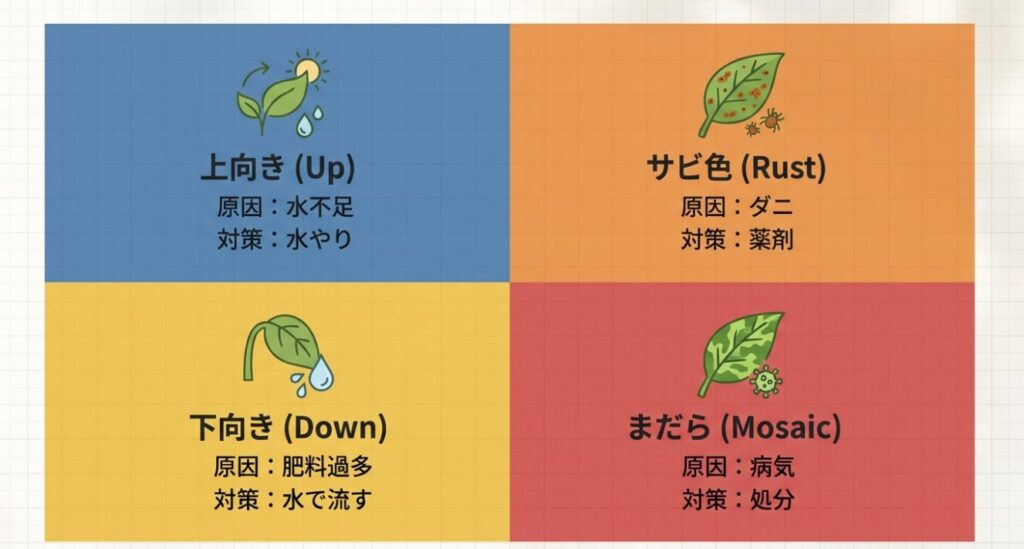 上向きの原因である水不足、サビ色の原因であるダニ、下向きの原因である肥料過多、まだらの原因である病気といった、それぞれの対策の早見表