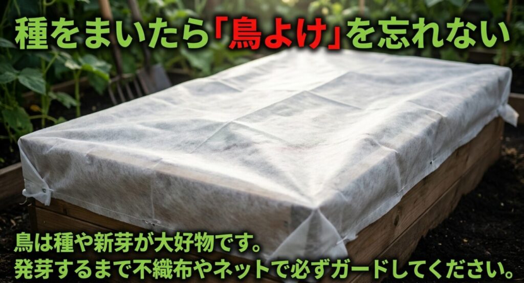 種をまいたら「鳥よけ」を忘れない 。鳥は種や新芽が大好物です 。発芽するまで不織布やネットで必ずガードしてください 。
