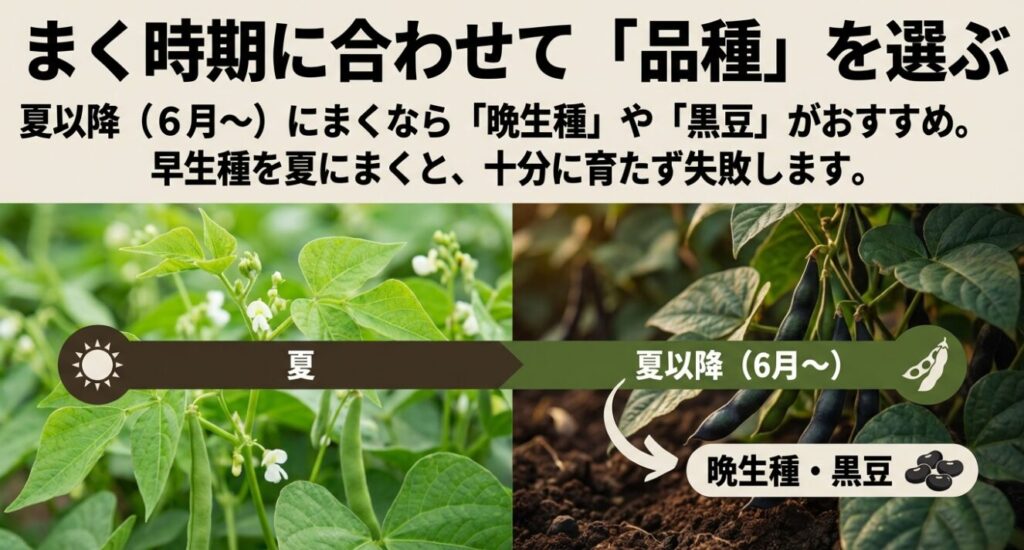 まく時期に合わせて「品種」を選ぶ 。夏以降(6月~)にまくなら「晩生種」や「黒豆」がおすすめ 。早生種を夏にまくと、十分に育たず失敗します 。