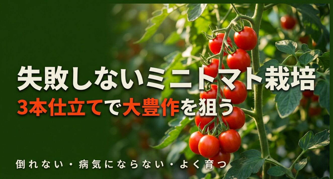 失敗しないミニトマト栽培 。3本仕立てで大豊作を狙い 、倒れない・病気にならない・よく育つコツ 。