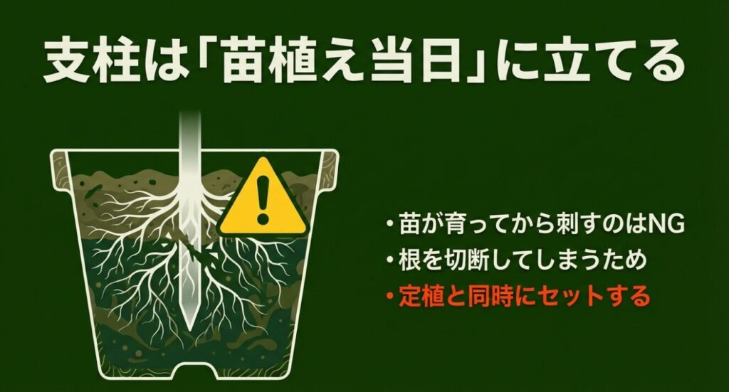 支柱は定植と同時にセットし「苗植え当日」に立てる 。苗が育ってから刺すのは根を切断してしまうためNGであるという注意喚起 。