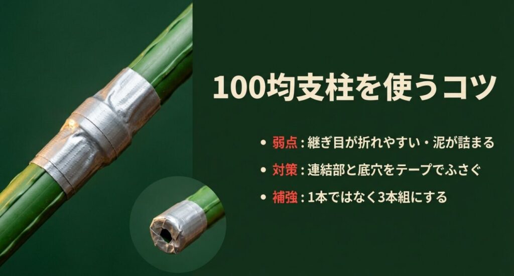 100均支柱を使うコツ 。継ぎ目が折れやすい・泥が詰まるという弱点に対して 、テープでふさぎ 、3本組にして補強する対策 。
