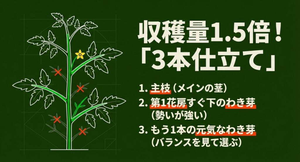収穫量1.5倍となる「3本仕立て」の構造 。主枝 、勢いが強い第1花房すぐ下のわき芽 、もう1本の元気なわき芽を選ぶ 。
