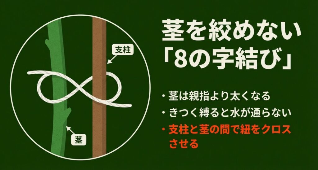 茎を絞めない「8の字結び」 。茎は親指より太くなるため 、きつく縛ると水が通らない 。支柱と茎の間で紐をクロスさせる 。