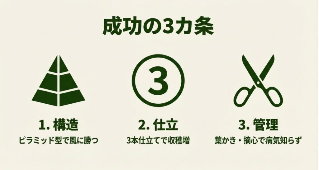 成功の3カ条 。ピラミッド型で風に勝ち 、3本仕立てで収穫増 、葉かき・摘心で病気知らず 。