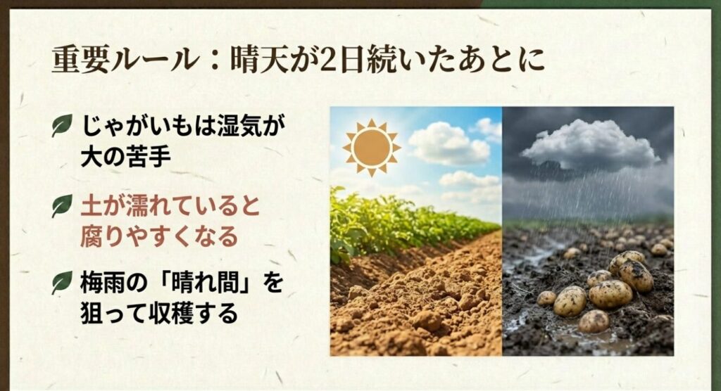 晴れたじゃがいも畑と雨の畑の比較 。じゃがいもは湿気が大の苦手であり、土が濡れていると腐りやすくなるため、梅雨の晴れ間を狙って収穫する重要性を解説 。