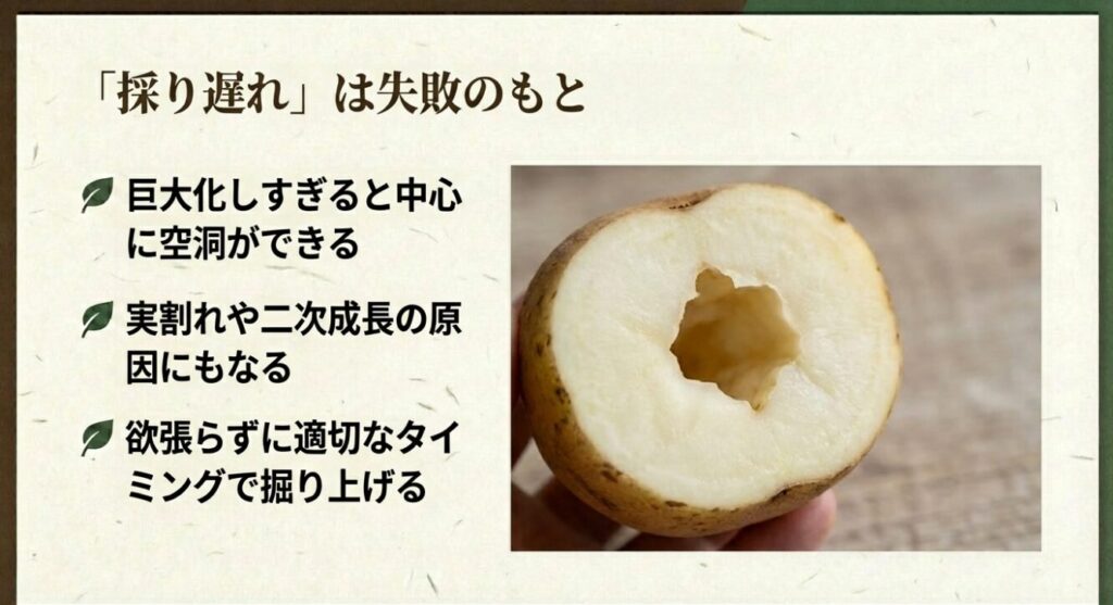 じゃがいもの採り遅れは失敗のもとであり、巨大化しすぎると中心に空洞ができたり、実割れや二次成長の原因になるため、欲張らず適切なタイミングで掘り上げるという注意喚起 。