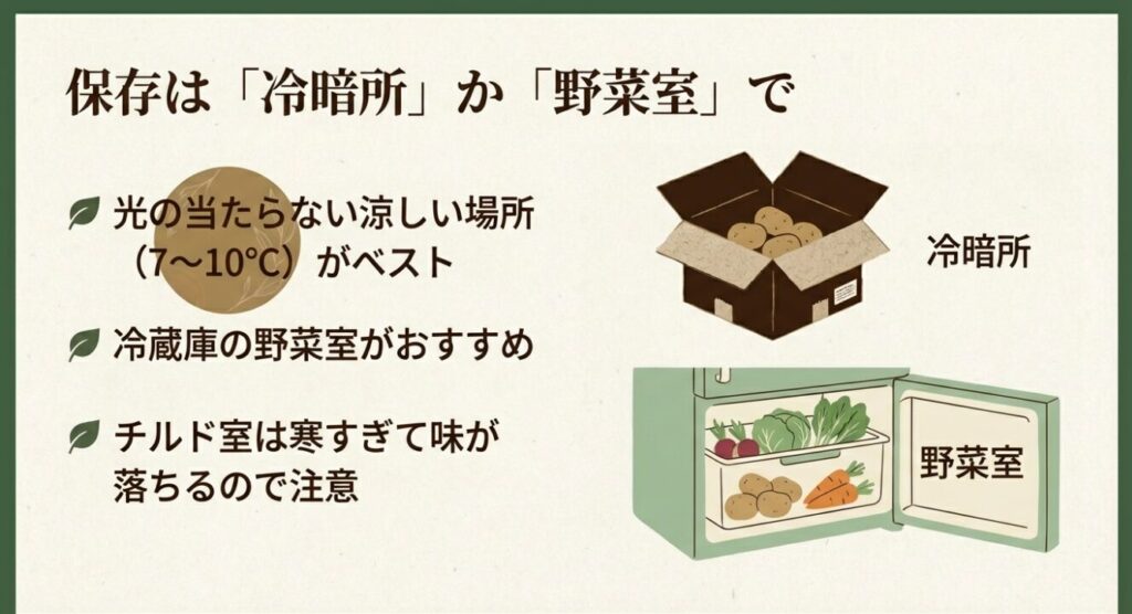 段ボール箱に入ったじゃがいものイラスト 。光の当たらない7〜10度の涼しい場所や冷蔵庫の野菜室での保存を推奨し、チルド室は味が落ちるため注意が必要という解説 。
