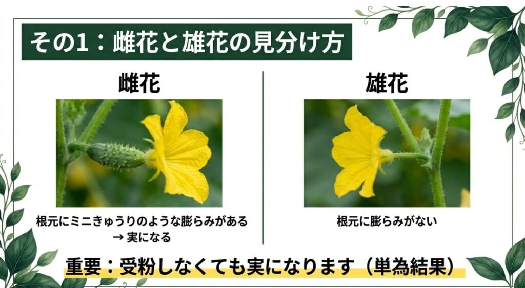 きゅうりの雌花（根元に膨らみあり）と雄花（膨らみなし）の比較画像と、受粉不要な単為結果の解説 。