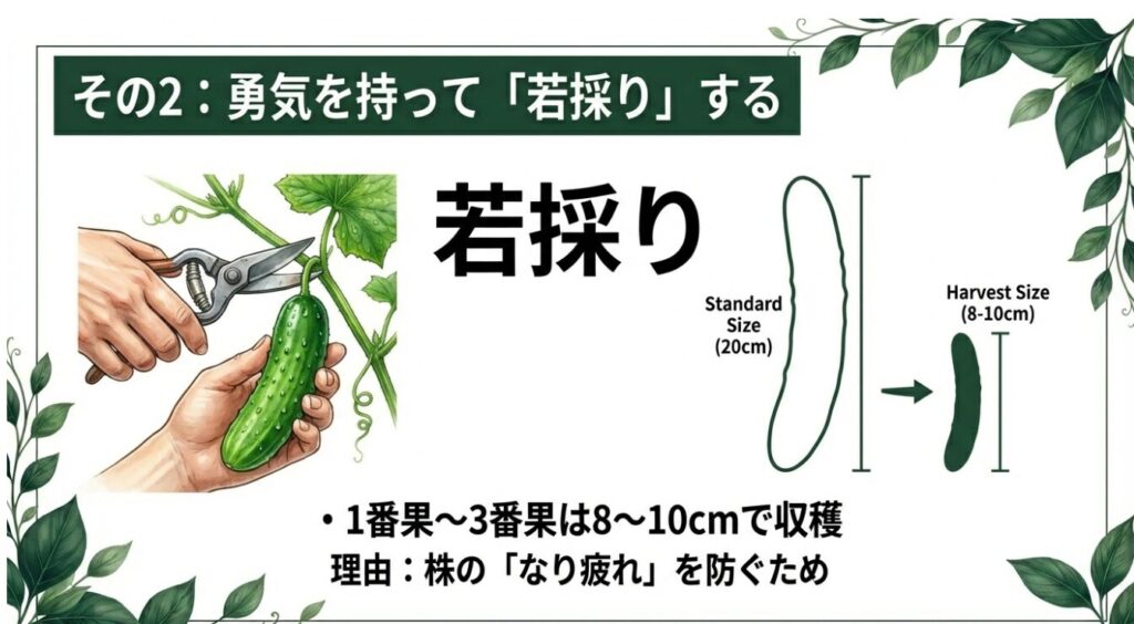 1番果〜3番果は$8 \sim 10\text{cm}$で収穫し、なり疲れを防ぐためのサイズ比較図 。