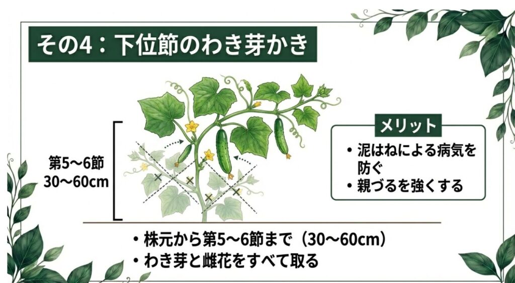 株元から第5〜6節（$30 \sim 60\text{cm}$）までのわき芽と雌花をすべて取り、泥はね病害を防ぐ図解 。