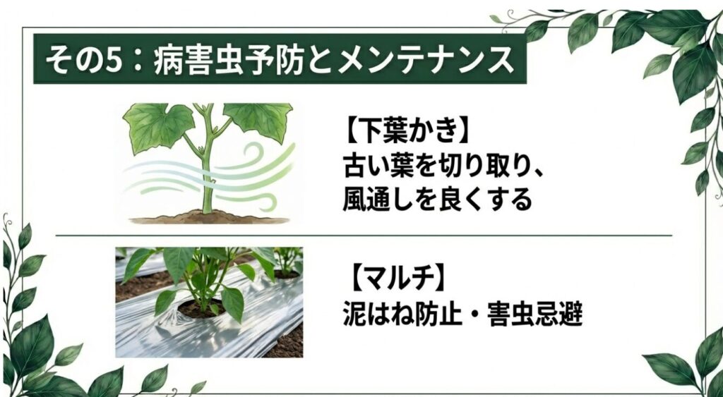 古い葉を切り取って風通しを良くする「下葉かき」と、泥はね・害虫を防ぐマルチの効果 。