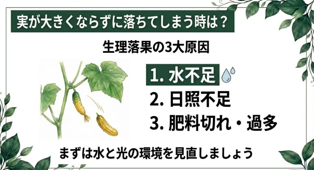 きゅうりの実が落ちてしまう主な原因（水不足、日照不足、肥料の問題）の解説 。