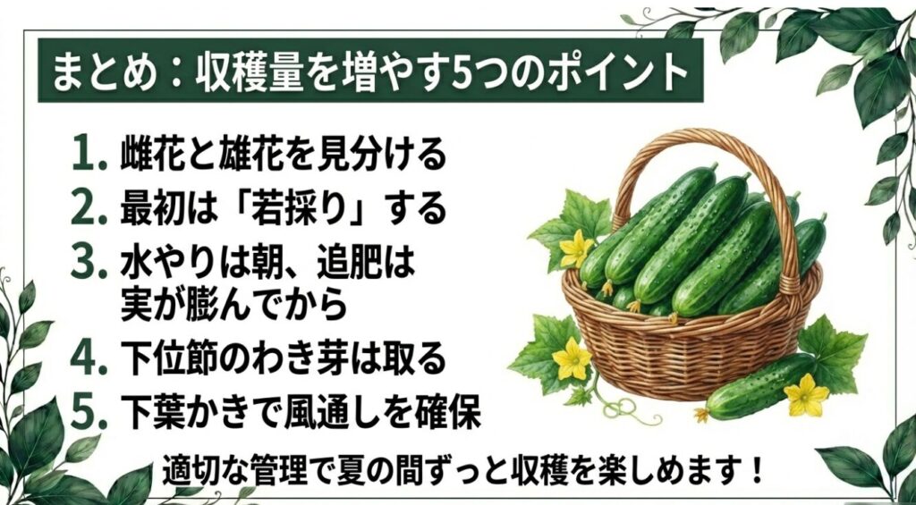 雌雄の見分け、若採り、水やり・追肥、わき芽かき、下葉かきの5点をまとめたチェックリスト 。