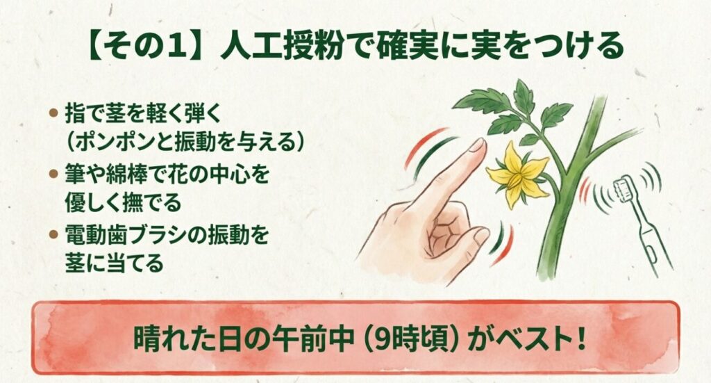 指で弾いたり電動歯ブラシの振動を利用して確実に実をつける人工授粉のやり方